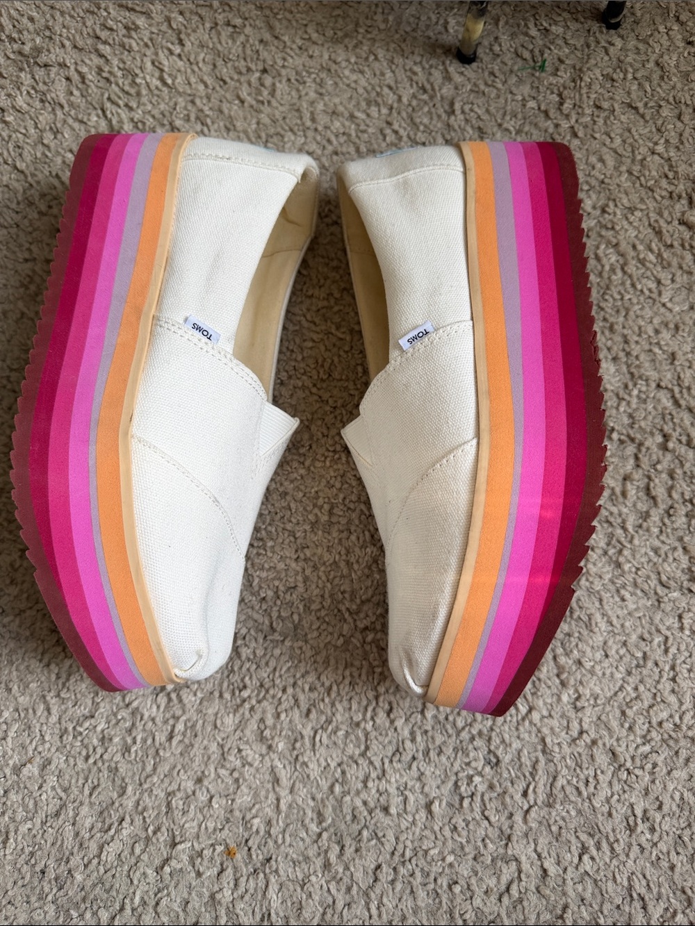 TOMS White Canvas Slip-On Platforms with Pink and Orange Gradient Sole - Picture 2 of 8